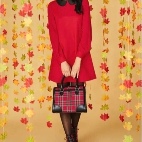 NWT Modcloth Women's Red Shift Dress Sz XL Peter Pan Collar Sheer Sleeve Retro - Picture 2 of 16